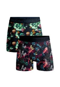 Two pairs of boxer shorts featuring vibrant patterns: one with hot air balloons on a dark background, the other with colorful birds and swirls.