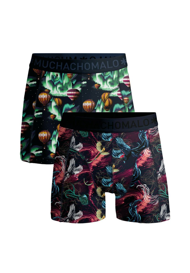 Two pairs of boxer shorts featuring vibrant patterns: one with hot air balloons on a dark background, the other with colorful birds and swirls.