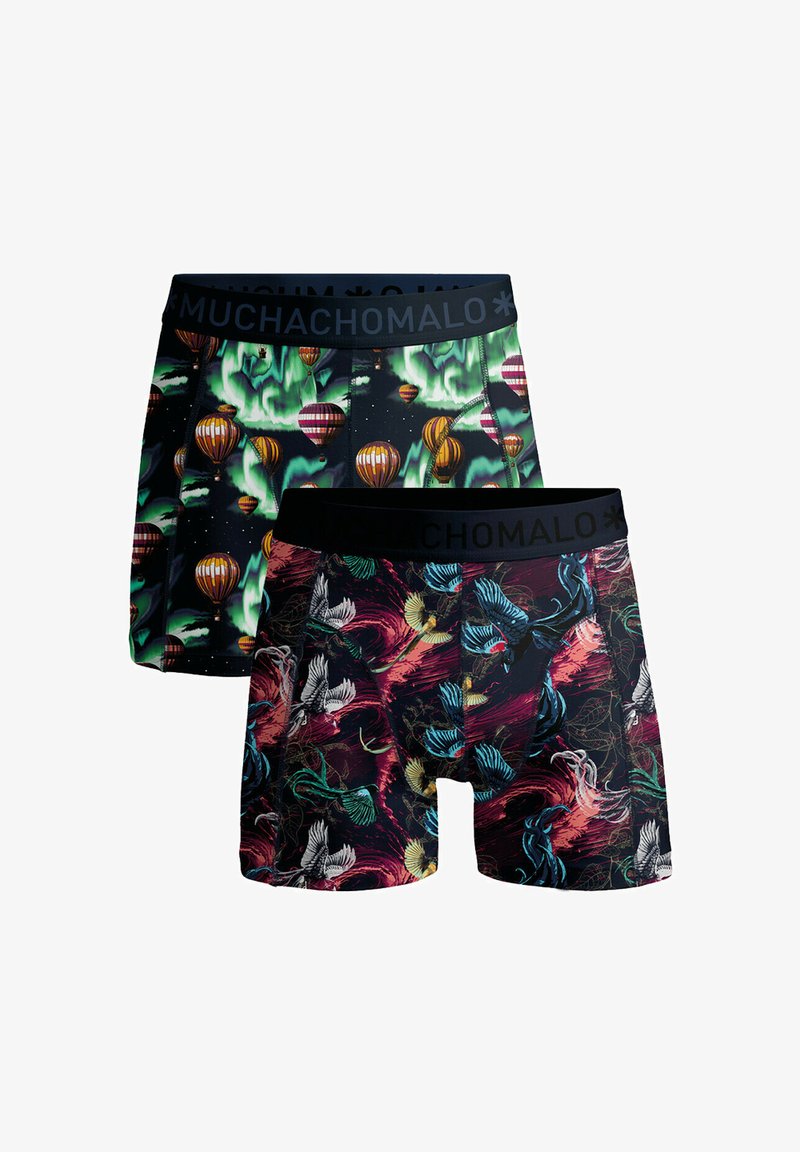 Two pairs of boxer shorts featuring vibrant patterns: one with hot air balloons on a dark background, the other with colorful birds and swirls.