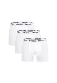 Set di tre boxer in cotone bianco con un elastico nera che presenta il marchio "SMILODOX". Tessuto morbido, design classico.