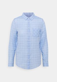 Camicia azzurro chiaro a maniche lunghe, realizzata in un tessuto testurizzato con un motivo a quadretti bianchi. Presenta un colletto e una tasca sul petto.