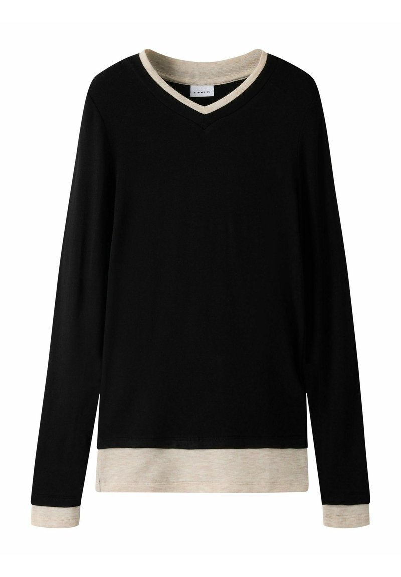 Mustade pika varrukaga V-kaelusega särk, kontrastsete heledate beežide krae ja äärega. Valmistatud pehmest kangast, omades lõdva vormi.