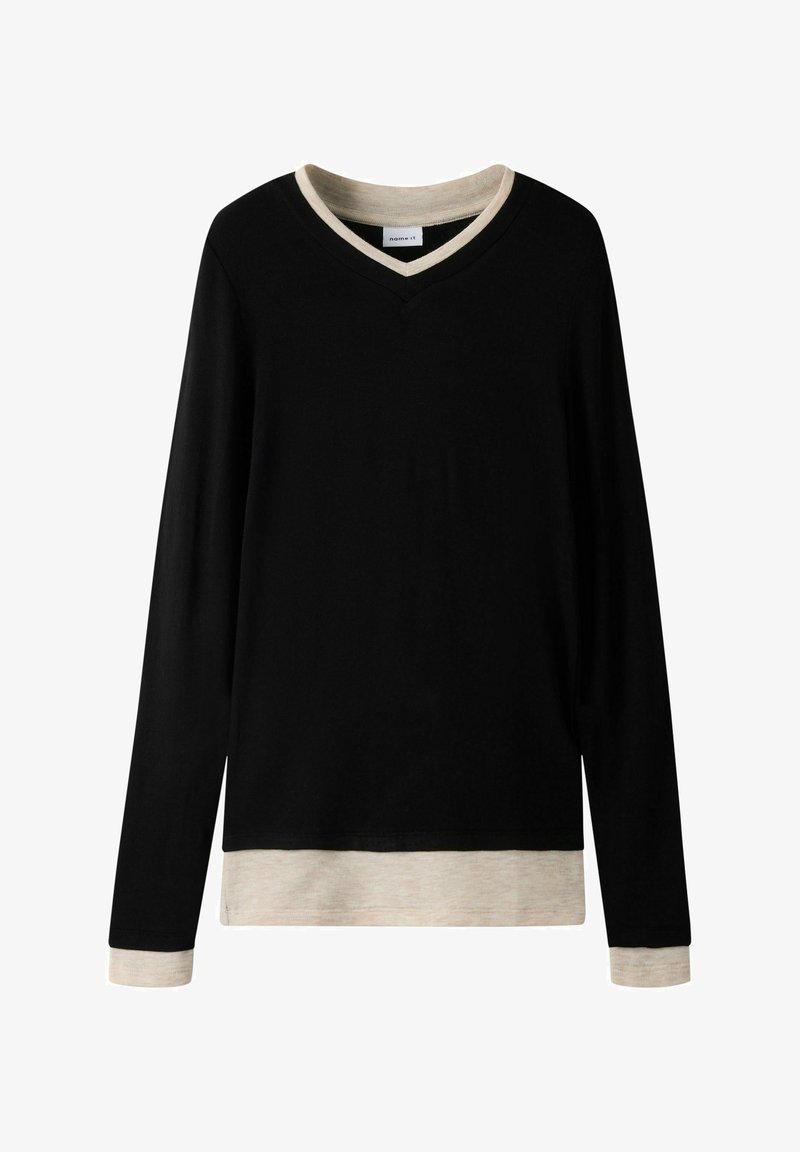 Mustade pika varrukaga V-kaelusega särk, kontrastsete heledate beežide krae ja äärega. Valmistatud pehmest kangast, omades lõdva vormi.