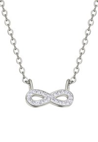 Zilveren ketting met een infinity-symbool hanger versierd met heldere, ronde kristallen, aan een fijne ketting met ovale schakels.