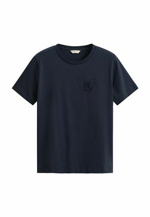 Marineblauw T-shirt met korte mouwen en een ronde hals, met een klein geborduurd "G"-logo op de linkerborst.
