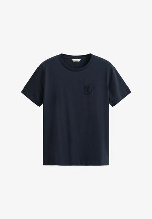 Navy blue short-sleeve crew neck T-shirt with a small embroidered "G" logo on the left chest.