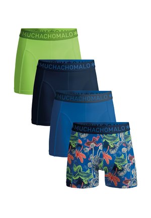 Négy pár Muchachomalo boxer alsónadrág: neon zöld, sötét tengerész kék, kék, valamint mintás kék, színes vízi motívumokkal. Rugalmas derékpántok.