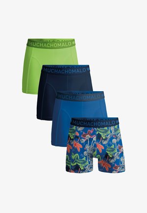 Négy pár Muchachomalo boxer alsónadrág: neon zöld, sötét tengerész kék, kék, valamint mintás kék, színes vízi motívumokkal. Rugalmas derékpántok.