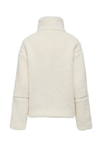 Krämfärgad, långärmad, sherpa-fleecejacka med hög krage sedd bakifrån mot en vit bakgrund.