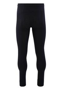 Schwarze thermische Leggings mit glatter Textur, tailliertem Design und elastischem Bund. Besitzt verstärkte Bündchen am Knöchel.