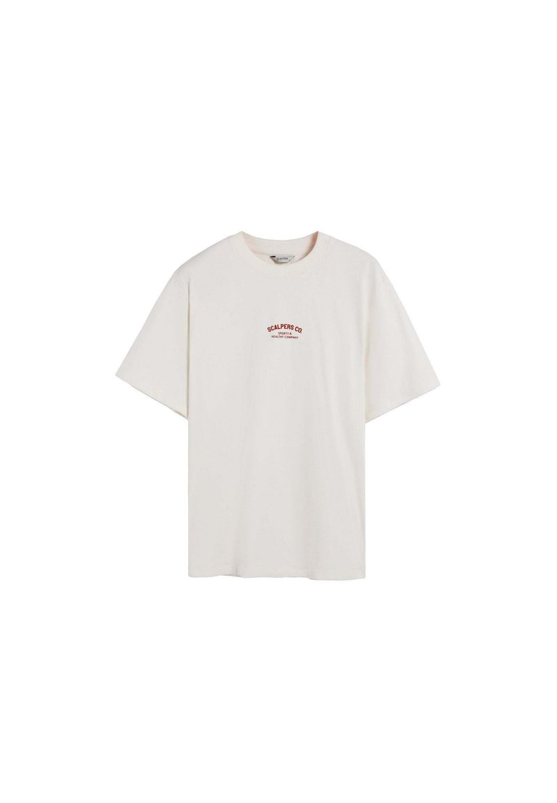 Tricou crem cu mânecă scurtă, fabricat din bumbac. Prezintă un mic logo roșu pe piept, croială lejeră și decolteu rotund.