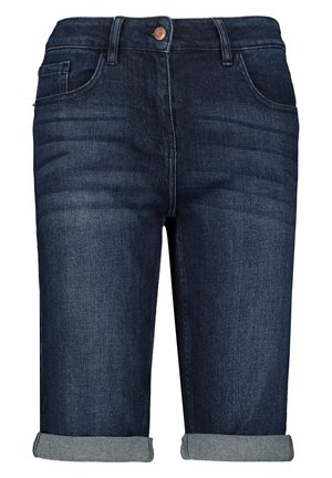 Shorts en denim bleu foncé avec revers roulés, bouton frontal, fermeture éclair et conception à cinq poches.