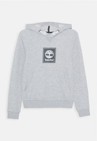 Szara bluza z kapturem wykonana z miękkiej bawełny, z centralną kieszenią kangurką, kapturem na sznurki oraz czarną naszywką z logo z graficznym wizerunkiem drzewa.