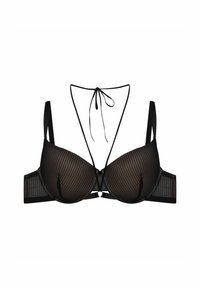 Czarny biustonosz z wyściełanymi miseczkami, przezroczystą, prążkowaną nakładką, głębokim dekoltem na plecach, cienkimi regulowanymi ramiączkami oraz centralnym akcentem w postaci pierścienia.