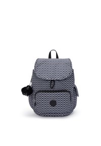 Sac à dos bleu marine à motifs avec rabat pliant, poche avant et bordure noire. Comprend un pompon en accent sur la fermeture éclair. Fabriqué en tissu durable.