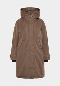 Braune wasserdichte Parka mit hohem Kragen, Frontreißverschluss und zwei seitlichen Taschen. Lange Ärmel mit geknöpften Manschetten.