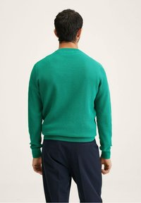 Mann, der von hinten zu sehen ist, trägt einen grünen Pullover mit langen Ärmeln und eine dunkelblaue Hose vor einem schlichten hellen Hintergrund.