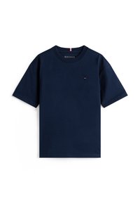 Navy blue short-sleeve crew neck T-shirt with small Tommy Hilfiger flag logo on the left chest and branded label inside collar.
