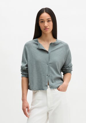 Kobieta z długimi ciemnymi włosami, ubrana w luźną, jasno niebiesko-szarą bluzkę na guziki z podwiniętymi rękawami i białe spodnie, z ręką w kieszeni na białym tle.