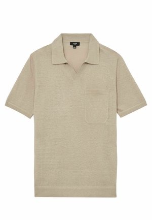Beige kortærmet strikket polo-shirt med V-udskæring ved kraven og en enkelt brystlomme.