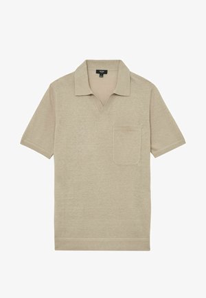 Béžová krátky rukáv pletená polokošeľa s výstrihom do V a jedným náprsným vreckom.