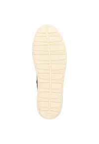 Schwarze Schuhsohle mit einer strukturierten weißen Gummiunterseite, die ein Gittermuster für Traktion aufweist und ein eingeprägtes Logo im Fersenbereich hat.