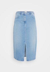 Ljust blå denimkjol med slits fram, två sidofickor och en klassisk midjedesign med knappstängning.