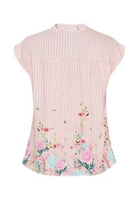 Blomstret bluse i lys pink med lodrette striber. Har korte ærmer, rygfold og blomsterdetaljer i kanten. Blødt stof.