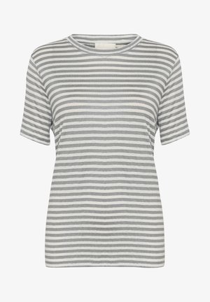 Prugasta majica v svetlo sivi in krem barvi, izdelana iz mehke tkanine, ima okroglo ovratnik in kratke rokave, s horizontalnimi črtami.