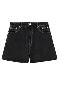 Zwarte denimshorts met witte stiksels, vijf zakken en een knoopsluiting. Heeft een rechte snit en een schone zoom.