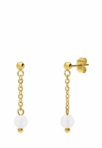 Boucles d'oreilles pendantes en chaînes dorées avec une perle blanche lisse, et un clou rond en haut. Le design est simple et élégant.