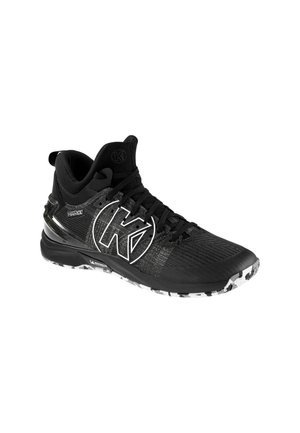 Black high-top athletic shoe with textured upper, large white "K" logo on side, patterned sole, and lace-up closure.