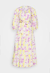 Abito lungo e fluente con scollo a V, maniche a sbuffo e cintura con fiocco. Stampato in giallo, rosa e bianco con orlo arricciato. Tessuto leggero.