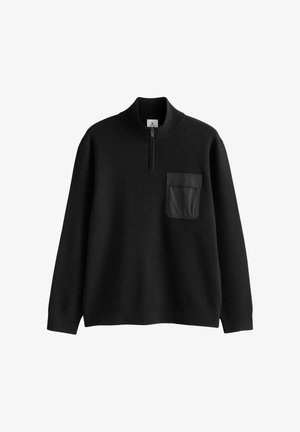 Zwarte pullovertrui met een hoge kraag, ritssluiting en een voorzak van contrasterend materiaal. Zachte textuur en modern design.