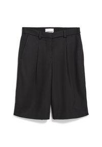 Schwarze Shorts aus einem glatten Stoff, mit einem hohen Bund, zwei großen Taschen vorne und einem lässigen, weit geschnittenen Design mit Fältchen.