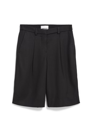 Schwarze Shorts aus einem glatten Stoff, mit einem hohen Bund, zwei großen Taschen vorne und einem lässigen, weit geschnittenen Design mit Fältchen.