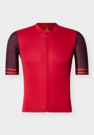 Červený cyklistický dres s krátkými tmavými rukávy s červenými pruhy a předním zapínáním na zip.