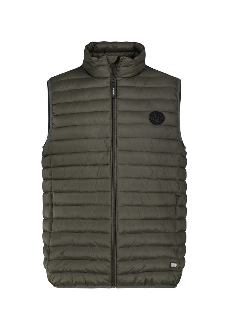 Ärmellose olivgrüne gesteppten Pufferweste mit Frontreißverschluss, Stehkragen und dezenten Logo-Patches auf der Brust und am unteren Saum.