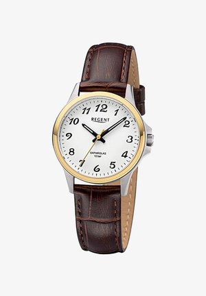 Montre analogique avec cadran blanc, chiffres arabes noirs, lunette dorée et bracelet en cuir marron affichant l'heure 10:10:35.