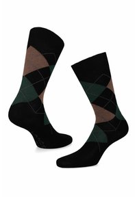 Czarne skarpetki z geometrycznym wzorem argyle w kolorach zielonym, brązowym i szarym. Wykonane z materiału dzianinowego, z prążkowanym topem oraz wzmocnioną piętą i palcami.