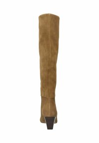 Tan suède over-the-knee laarzen met een taps toelopend ontwerp, voorzien van een middelgrote blokhak en een gladde textuur, die de minimalistische constructie benadrukken.