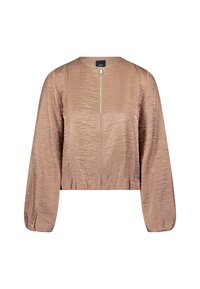 Kort jakke i lysebrun satin med lange, puffede ærmer, en lynlås foran og en tekstureret finish. Glat materiale med få sømme.