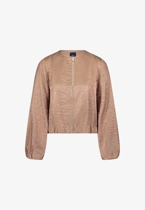 Kurze Jacke aus hellbraunem Satin mit langen, weiten Ärmeln, einem vorderen Reißverschluss und einer strukturierten Oberfläche. Glattes Material mit wenigen Nähten.