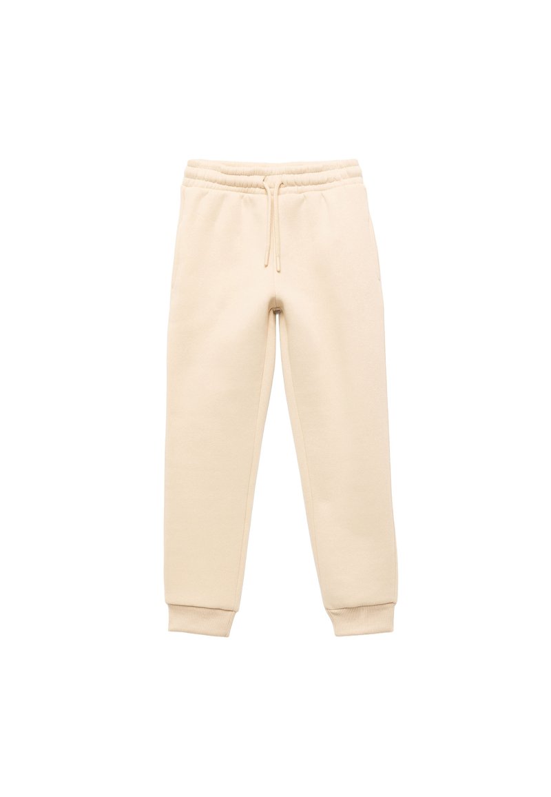 Beige bomulds sweatpants med snoretræk i taljen, ribbede manchetter og sidelommer. Glat tekstur, tapered fit, minimalistisk design.