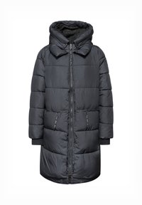 Černá nafouknutá bunda s kapucí, s předním zipem, žebrovanými manžetami a dvěma bočními kapsami na zip. Prošitý design pro izolaci.