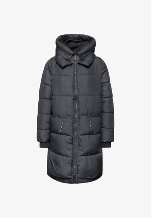 Černá nafouknutá bunda s kapucí, s předním zipem, žebrovanými manžetami a dvěma bočními kapsami na zip. Prošitý design pro izolaci.
