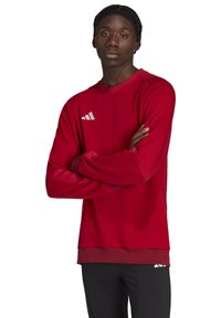 Rode sportieve longsleeve shirt met ribbelmanchetten en onderrand. Heeft een logo in het wit op de borst, gemaakt van een gladde stof.
