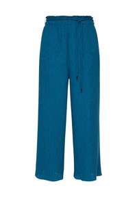 Geknipte wijde broekspijpen in een getextureerde teal stof. Voorzien van een elastische tailleband met een trekkoord en een relaxte pasvorm.