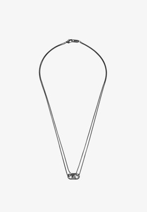 Metal chain necklace with a sleek design, featuring two lengths that converge at a central, textured clasp. Color: dark silver.