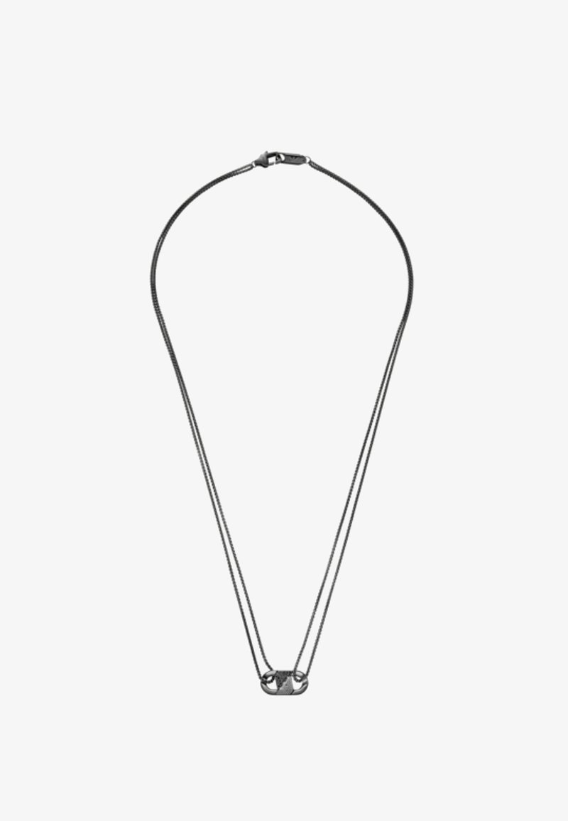 Metal kædende halskæde med et elegant design, der har to længder, som mødes ved en central, struktureret lås. Farve: mørk sølv.